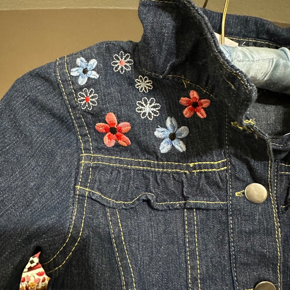 Nannette Lepore Kids Denim Jean Jacket Embroidered Flowers Blue Pink White Sz 7 - Picture 6 of 8